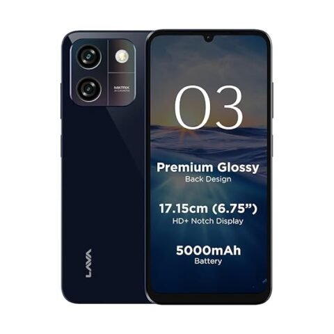 Lava O3 (Glossy Blue, 3 GB RAM, 64 GB Storage) | Biggest 6.75″ HD+ Display | 13MP AI Dual Rear Camera | 5000 mAh Battery | Secure Face Unlock | Fingerprint Reader | Charger & Phone-Cover in Box