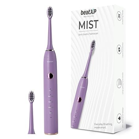 beatXP Mist Sonic Electric Toothbrush for Adults with 2 Brush Heads & 5 Cleaning Modes | Rechargeable Electric Toothbrush | 40000 strokes/min with Long Battery Life (Purple)