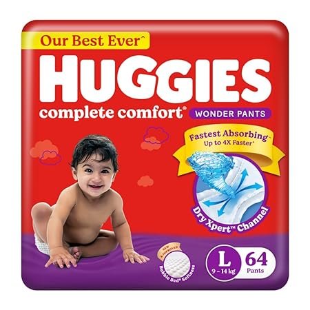 Huggies Complete Comfort Wonder Pants | Pant Style Baby Diapers L Size, 64 Count | India’s Fastest Absorbing Diaper