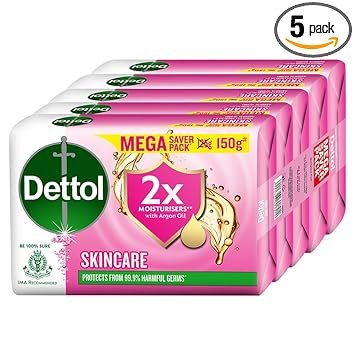 Dettol Skincare Moisturizing Beauty Bathing Soap Bar with Argan Oil (750gm) | Softer Skin, 150gm, Pack of 5