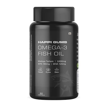 HAPPIGUMS Omega 3 Fish Oil 1000 Mg | Heart, Brain & Joints | With Clinically Researched 100% Pure Oil | Helps manage cholesterol