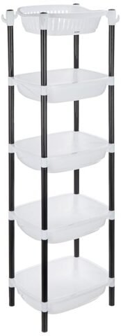 Amazon Brand – Solimo Five-Tier Multipurpose Plastic Rack for Kitchen, Living Room, Bathroom (XL, Black and White)