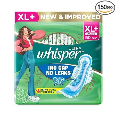 WHISPER ULTRA HYGIENE+COMFORT SANITARY PADS, 50 XL+ PADS, FOR HEAVY FLOW, LONG LASTING PROTECTION, LOCKS ODOUR & WETNESS, DRY TOP SHEET, DISPOSABLE WRAPPER