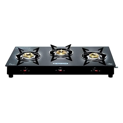 MILTON Premium 3 Burner Black Manual Ignition Glass Top Gas Stove, (ISI Certified)