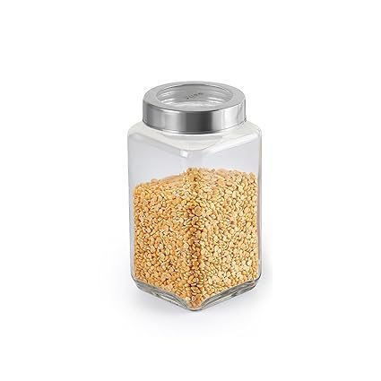 CELLO Qube Fresh Glass Storage Jar | Container with Air tight Silver Metal Lid | Multipurpose Jar | For Storage of Food, Pulses, Spice, Cereals, Cookies, Dry Food | 1000ml, Clear