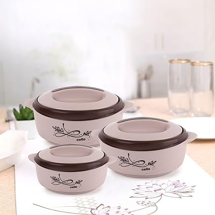 CELLO Sapphire Insulated Inner Steel Casserole Set of 3, Brown (500ml, 1000ml, 1500ml)| Hot Box for Kitchen | Hot Pot | Chapati Box | Locks in The Cold & Heat for Long | Serving Bowl with Lid