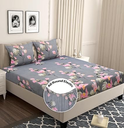 BSB HOME Premium Cotton Elastic Fitted Bedsheets with 2 King Size Pillow Covers | Double Bed with All Around Elastic 180 TC Supersoft | Size – 72 King Sizex78+10 inches | Pink & Grey