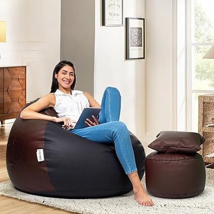 Amazon Brand – Solimo Premium Faux Leather Bean Bag Combo with Footrest & Cushion Combo