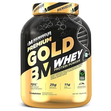 Bigmuscles Nutrition Premium Gold Whey [2Kg] | Informed Choice UK Certified | Isolate Whey Protein Blend | 25g Protein | 11g EAA | ProHydrolase Enzyme Technology [Chocolate]