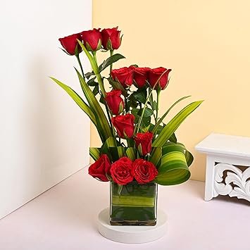 FlowerAura Fresh Live Flower Bouquet of 12 Long Red Roses In Glass Vase For Birthday Gift, Anniversary Gift, Wedding Gift, Congratulations Gift & Special Occasions (Same Day Delivery) FlowerAura Fresh Live Flower Bouquet of 12 Long Red Roses In Glass Vase For Birthday Gift, Anniversary Gift, Wedding Gift, Congratulations Gift & Special Occasions (Same Day Delivery)