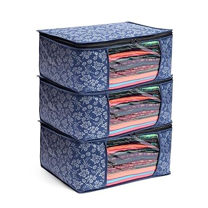 LAXIS Saree Covers With Zip Non-Woven Printed Saree Cover/Saree Organizer For Wardrobe/Cloth Storage/Organizer With Transparent Window/Saree Bags Storage/Clothes Organizer (Blue- Pack of 3)