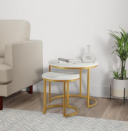 Amazon Brand – Solimo Chelner Laminated Marble Nesting Table Set (White and Gold)