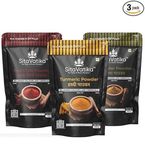 Sitavatika 100% Natural Spices Combo Red Chilli Powder Turmeric Powder Coriander Powder No added colours and Chemical Pack of 3 x 200gm Each