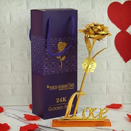TIED RIBBONS 24k Gold Plated Artificial Rose Flower with Love Stand and Box