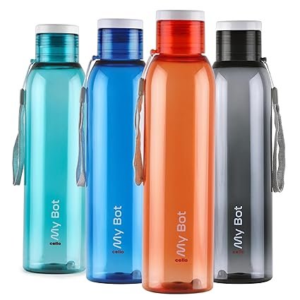 CELLO My Bot PET Water Bottle | 100% food grade | Leak proof and Break proof | Perfect for staying hydrated at the school,college, work, gym Bottle | 1000ml, Set of 4 | Assorted