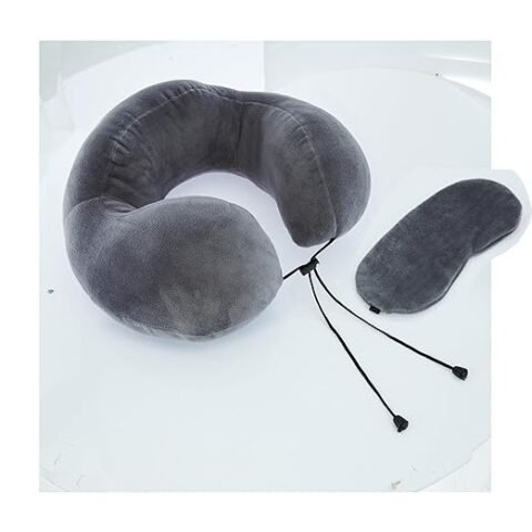 Amazon Basics Premium Travel Neck Pillow + Sleeping Eye Mask Combo with a Portable Bag| Comfortable| Soft Velvet Fabric I Dark Grey