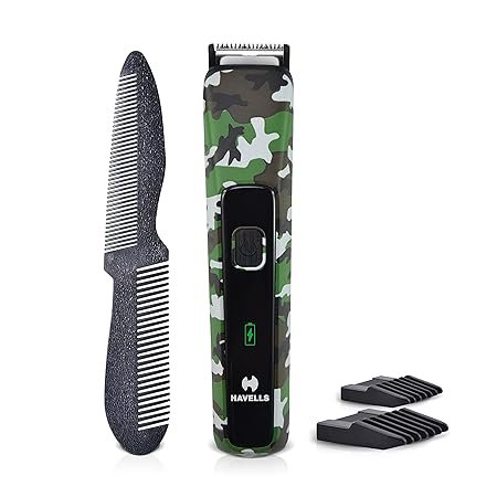 Havells Bt5113 Rechargeable Beard Trimmer,Super Fast Charge,Trimming Lengths Upto 13 Mm For Multiple Styles (Military) (Black & Green),Men