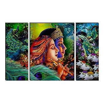 Indianara Set of 3 Radha Krishna wit Peacock MDF Art Painting (3775FL) without glass 4.5 X 12, 9 X 12, 4.5 X 12 INCH (Style 6)