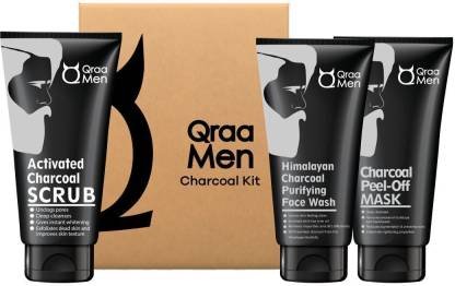 Qraa Charcoal Kit: Charcoal Scrub, Charcoal Face wash, Charcoal Peel-off Mask For Men-With Tea tree oil (3 Items in the set)