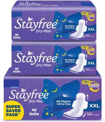 STAYFREE Dry-Max All Nights| All round protection through the night| 2x better coverage Sanitary Pad (Pack of 98)