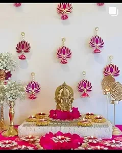 BENAVJI Handmade MDF Wood Lotus Hangings Jhumki Style for Home Wall Decor Diwali Ganpati Navratri Wedding Temples Mandir Pooja Rooms Event Backdrops All Festival Decorations Pink Color Lotus Pack of 6