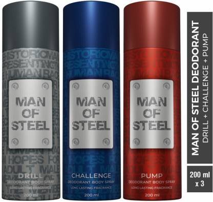 DENVER Combo of Man Of Steel Drill + Challenge + Pump Long lasting Deodorant Spray – For Men