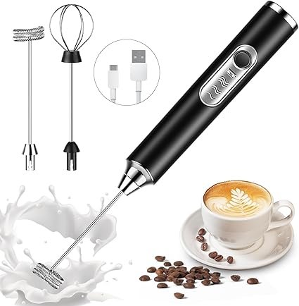 Konquer TimeS Handheld Milk Frother Rechargeable, 3-Speed Electric Frother for Coffee with 2 Whisks
