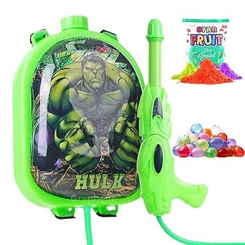 GRAPHENE Hulk Holi Pichkari Water Gun for Kids Boy Girl 3.1L High Pressure Long Throw Backpack Dazzle Tank Pichkari Adjustable Strap 100 Balloons 1pkt Herbal Gulal ISI Approved Outdoor Summer Fun