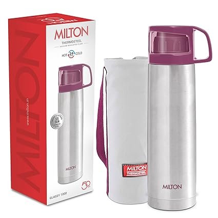 Milton Glassy 1000 Thermosteel 24 Hours Hot and Cold Water Bottle with Drinking Cup Lid, 1 Litre, Pink