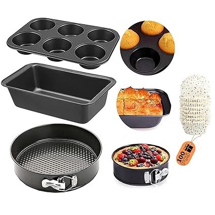 Curated Cart Premium Cake Making Set – Combo Carbon Steel Cake Baking for Microwave OTG Oven and Dishwasher Safe (6 Cavity Cup + Rectangle Cake Tin + Cake Mould)