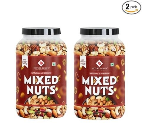 Nature Purify Premium Mixed Dry Fruits | 1Kg | Healthy Mixed Nut Dried Almonds, Black Raisins, Cashewnuts, Raisins, Apricot & Many More (Pack of 2, 500gm each)