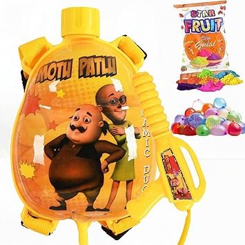 GRAPHENE Motu Patlu 500ml Holi Tank Pichkari Water Gun High Pressure Long Throw Water Spray Pistol with 1 Pkt Fruit Gulal 100 Water Balloons Backpack Holding for Kid (ISI Approved)