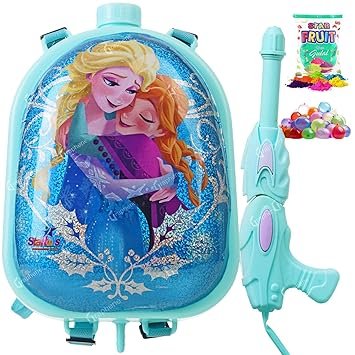 GRAPHENE Frozen Holi Tank Pichkari Water Gun for Kids High Pressure Large (3.1ltr) Water Tank Pichkari Back Holding 1 Pkt Fruit Gulal and 100 Balloons Leak Proof Shooting Pistol ISI Approved
