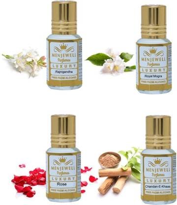 Menjewell Pack of 4Pc Attar (Rose Fresh 5ml, Chandan-E-Khaas 5ml,Royal Mogra 5ml,Rajnigandha (Night out) 5ml Natural Itra/Attar/ Perfume Floral Attar Menjewell Pack of 4Pc Attar (Rose Fresh 5ml, Chandan-E-Khaas 5ml,Royal Mogra 5ml,Rajnigandha (Night out) 5ml Natural Itra/Attar/ Perfume Floral Attar