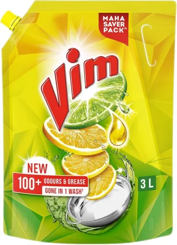 Vim Dishwash Liquid 3 L pouch | Removes 100+ Odours & Grease in 1 wash | With the power of 100 Lemons