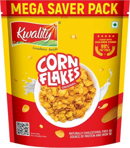 Kwality Corn Flakes 1kg | Made with Golden Corns | 99% Fat Free, Natural Source of Vitamin & Iron | High in Protein & Fiber | Healthy Breakfast Cereal
