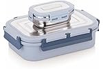 WARMEO Delight Insulated Stainless Steel Airtight Leak-Proof Lunch Box with Clip Lock Lid, Light Weight, Blue & Grey
