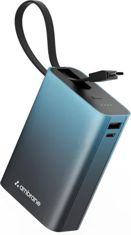 Ambrane 20000mAh Small Pocket Size Powerbank, Hanging InBuilt Type C Cable, Black-Blue)