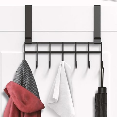 Appucoco Over The Door Hook Hanger, Hanging Organizer Rack Steel Door Hook Hanger Wall Hook Rack (7 Hooks) (Black)