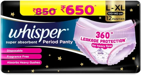 Whisper Super Absorbent Period Panty, 12 L-XL Pants, 360 Degree Leakage Protection for Heavy Flow, Panty like Fit for Full back Coverage, Absorbs Heavy Gushes, Silky Soft, Comfortable Feel, Women
