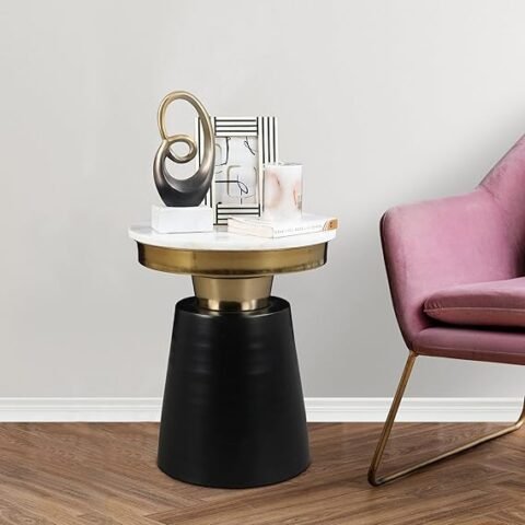HomeTown Chelsea Marble & Iron Side Table in White, Black & Gold Colour
