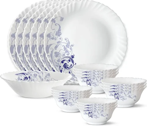 Larah by Borosil Silk Series Opalware Dinner Set Plates & Bowls (Blue Eve)