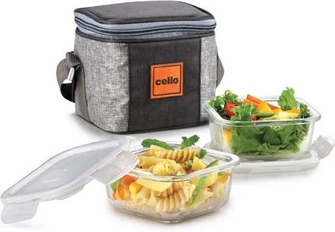 CELLO Glassy Square Lunch Box Set of 2 Pcs (320ml x 2) with Jacket For Office, Transparent