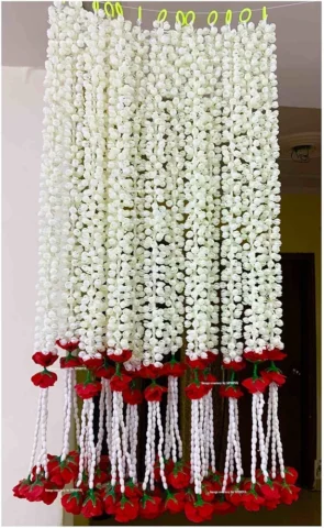 Sphinx Artificial Jasmine Buds (Mogra)& Clustered Rose Strings for Festive Pooja Wedding Housewarming Decorations Approx 2.5 ft – Number of Strings- (Red, 6)