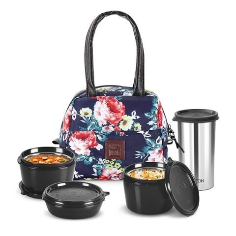 MILTON Floret Lunch Box with Insulated Fabric Jacket, 3 Microware Safe Inner Stainless Steel Containers 180ml, Navy Blue