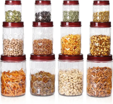 MILTON Hexa Plastic Storage Jar Set of 12 (4x270ml, 4x665ml, 4×1.24L)