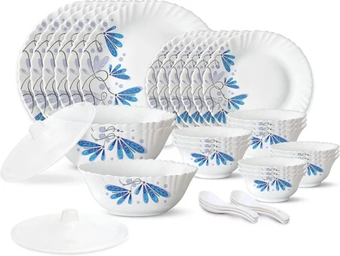 Larah by Borosil Twilight Silk Series Opalware Dinner Set of Plates, Veg Bowls, Serving Bowl with Lid