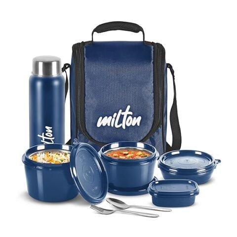 MILTON Pro Lunch Box, 3 Microwave Safe Inner Steel Containers (180 ml, Blue