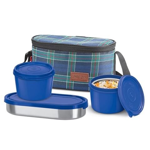 MILTON Decker Lunch Box with Insulated Fabric Jacket, 2 Inner Stainless Steel Containers 450 ml Each & 1 Oval Stainless Steel 450 ml, Blue