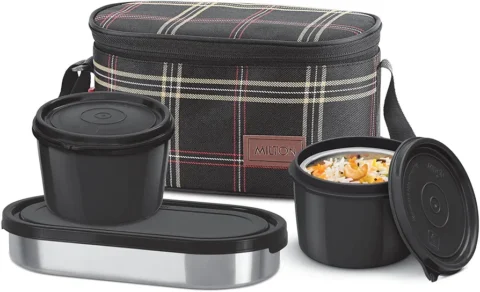 Milton Decker Lunch Box with Insulated Fabric Jacket, 2 Inner Stainless Steel Containers 450 ml Each & 1 Oval Stainless Steel 450 ml, Black